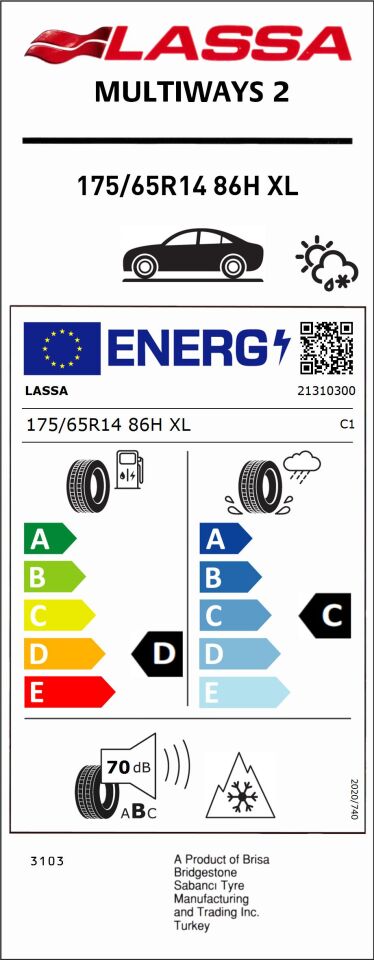 LAS.175/65R14 86H XL MULTIWAYS 2 (D-C-70) (4 MEVSİM) LASSA LASTİK (2025)