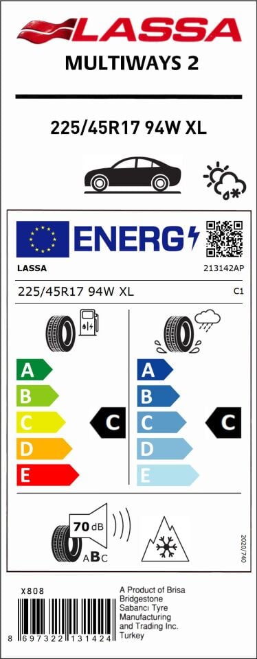 LAS.225/45R17 94W XL MULTIWAYS 2 (C-C-70) (4 MEVSİM) LASSA LASTİK (2024)