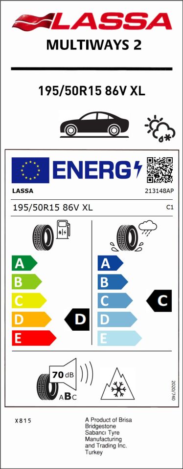 LAS.195/50R15 86V XL MULTIWAYS 2 (D-C-70) (4 MEVSİM) LASSA LASTİK (2025)