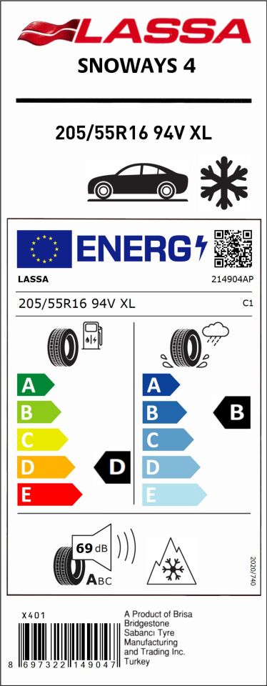 LAS.205/55R16 94V XL SNOWAYS 4 (D-B-69) (KIŞ) LASSA LASTİK (2024)
