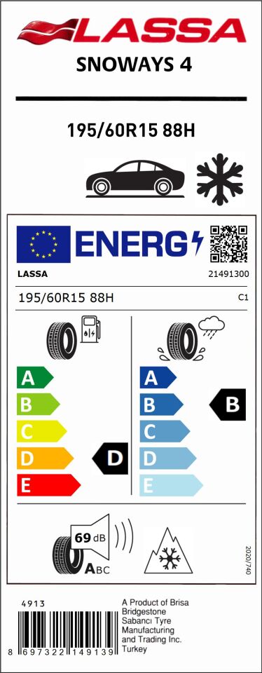 LAS.195/60R15 88H SNOWAYS4 (M+S) (D-B-69) (KIŞ) LASSA LASTİK (2024)