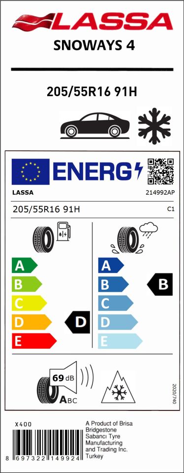 LAS.205/55R16 91H SNOWAYS4 (M+S) (D-B-69) (KIŞ) LASSA LASTİK (2024)