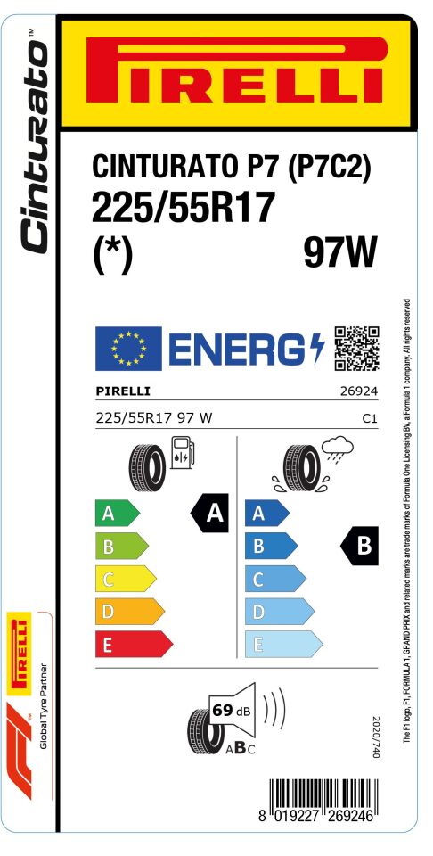PRL.225/55R17 97W P7-CNT(*) CINTURATO P7 (P7C2) (A-B-69) (YAZ) PİRELLİ LASTİK (2024)