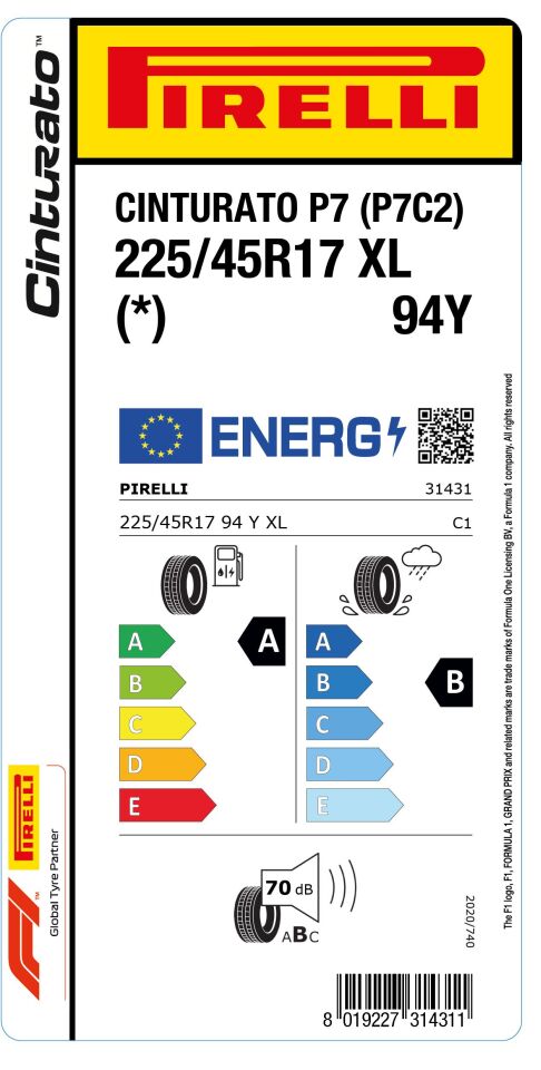 PRL.225/45R17 94Y XL P7-CNT (*) CINTURATO P7 (P7C2) (A-B-70) (YAZ) PİRELLİ LASTİK (2024)