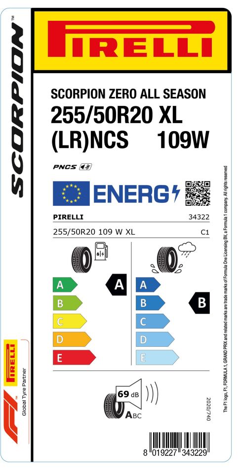 PRL.255/50R20 109W XL S-ZERO A/S NCS (LR) M+S (A-B-69) (4 MEVSİM) PIRELLI LASTİK (2024)